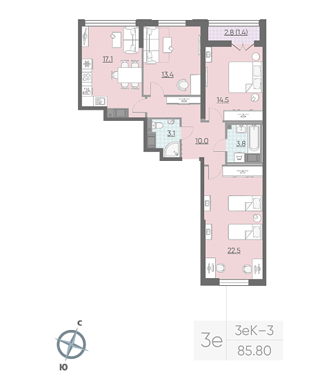 2 комн. квартира, 85.4 м², 15 этаж 
