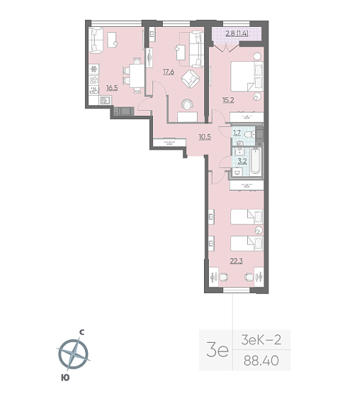 2 комн. квартира, 88.4 м², 14 этаж 