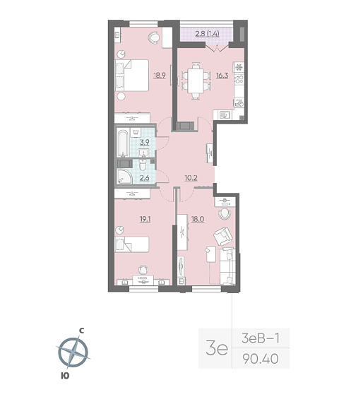 2 комн. квартира, 89.4 м², 15 этаж 