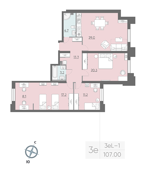 2 комн. квартира, 105.9 м², 2 этаж 