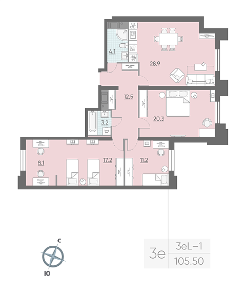 2 комн. квартира, 104.5 м², 3 этаж 