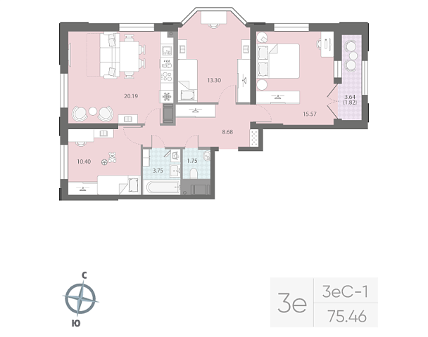 2 комн. квартира, 75.5 м², 6 этаж 