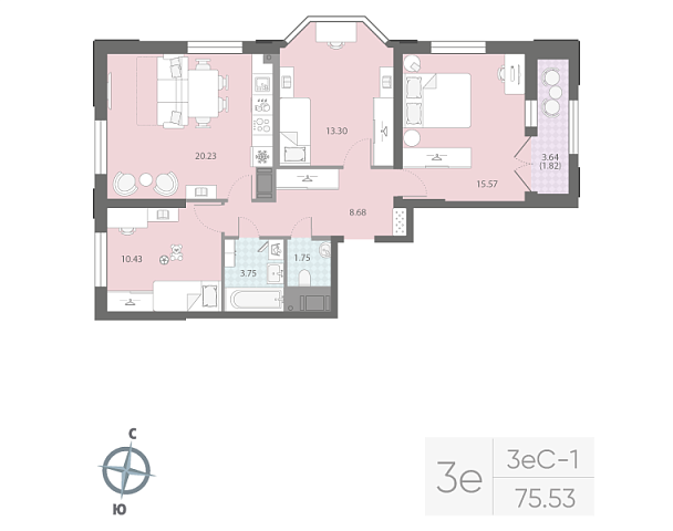 2 комн. квартира, 75.5 м², 12 этаж 