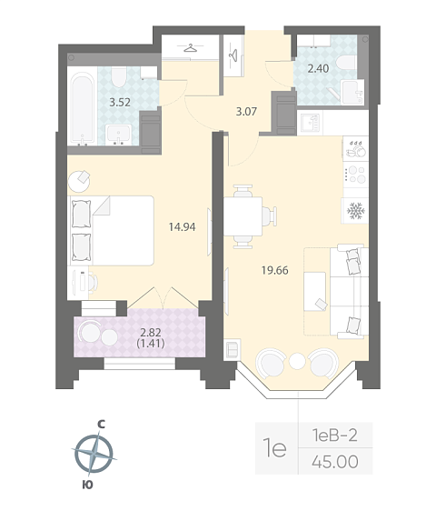 студия, 44.9 м², 18 этаж 