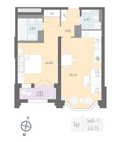студия, 45.1 м², 17 этаж 