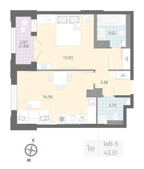 студия, 43.5 м², 6 этаж 