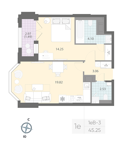 студия, 45.3 м², 6 этаж 
