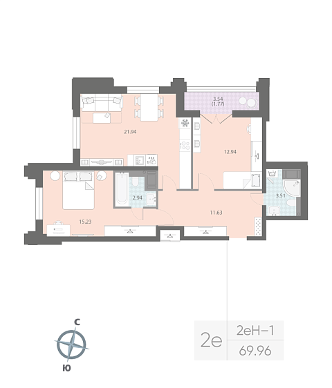 1 комн. квартира, 70 м², 15 этаж 