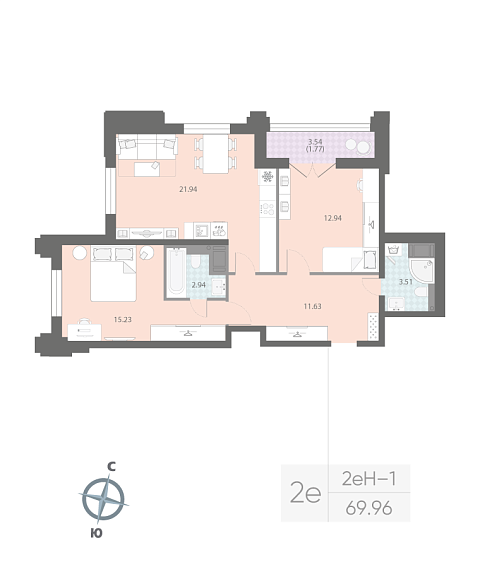 1 комн. квартира, 70 м², 18 этаж 