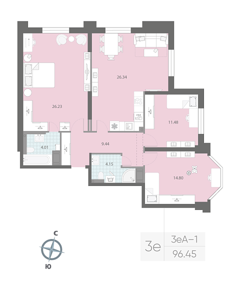 2 комн. квартира, 96.5 м², 3 этаж 