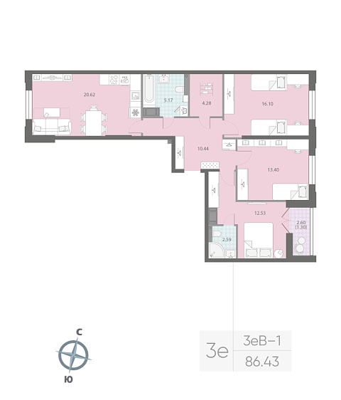 2 комн. квартира, 86.4 м², 8 этаж 