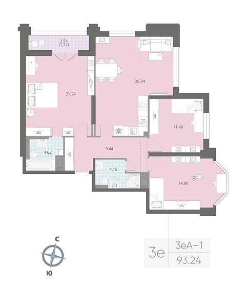 2 комн. квартира, 93.2 м², 11 этаж 