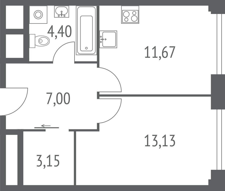 1 комн. квартира, 42.3 м², 3 этаж 