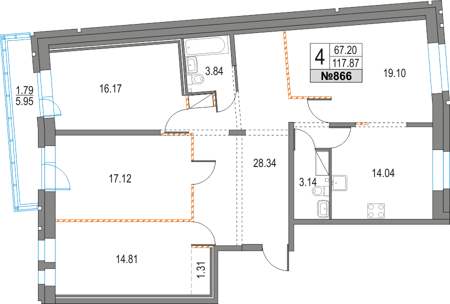 4 комн. квартира, 117.9 м², 15 этаж 