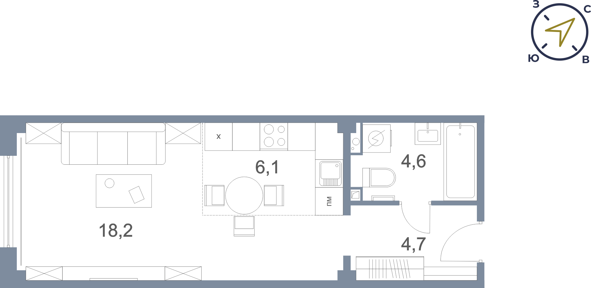 1 комн. квартира, 33.5 м², 1 этаж 