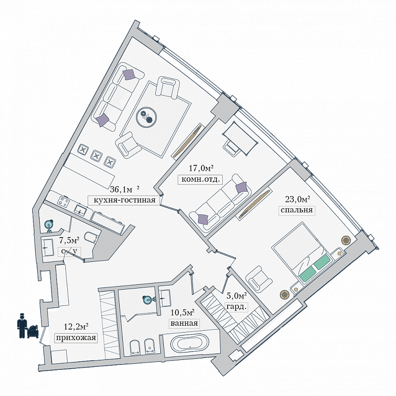 2 комн. квартира, 111.3 м², 8 этаж 