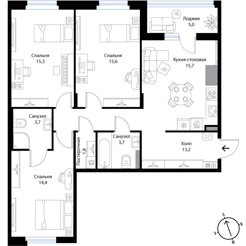 3 комн. квартира, 85.9 м², 2 этаж 