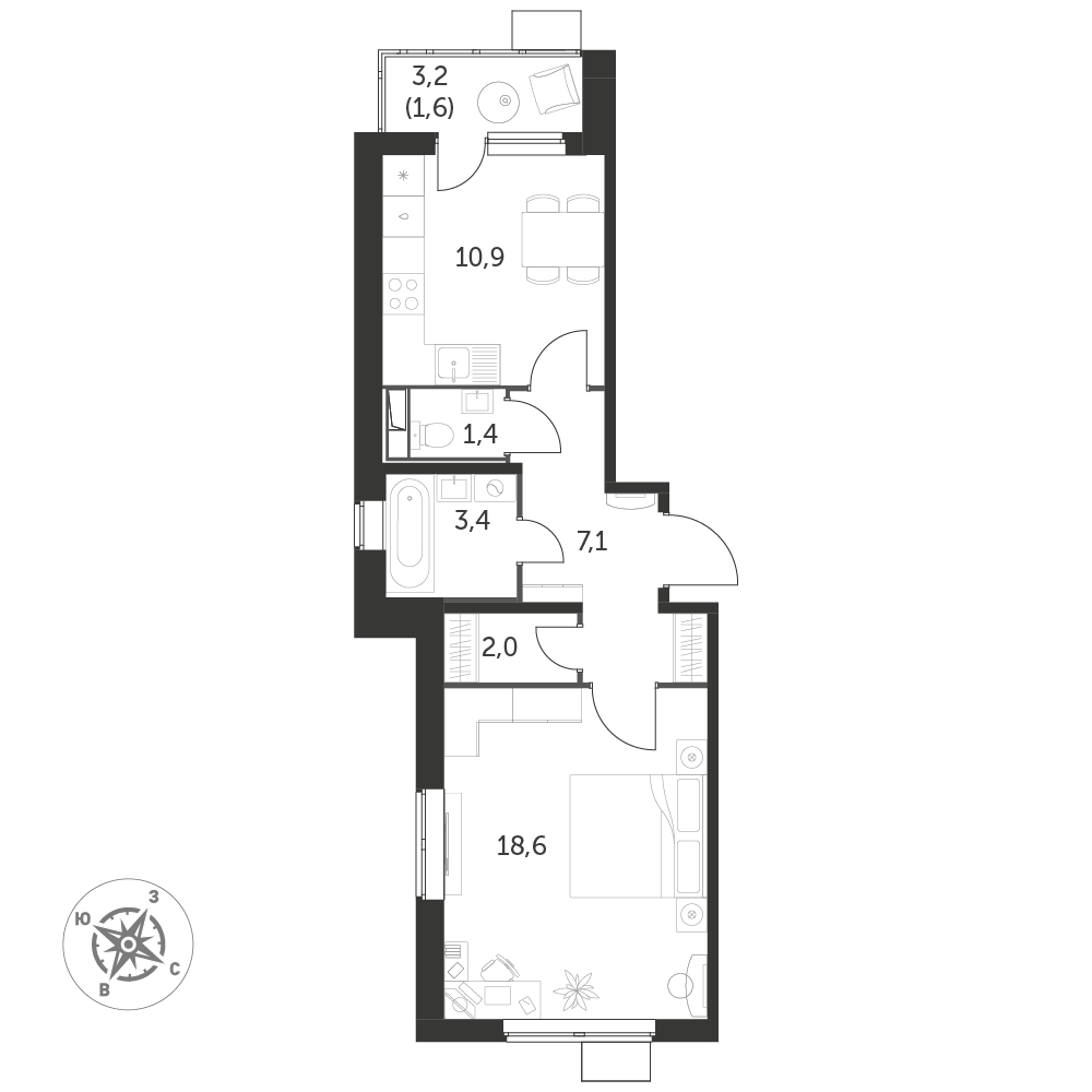 1 комн. квартира, 45 м², 23 этаж 