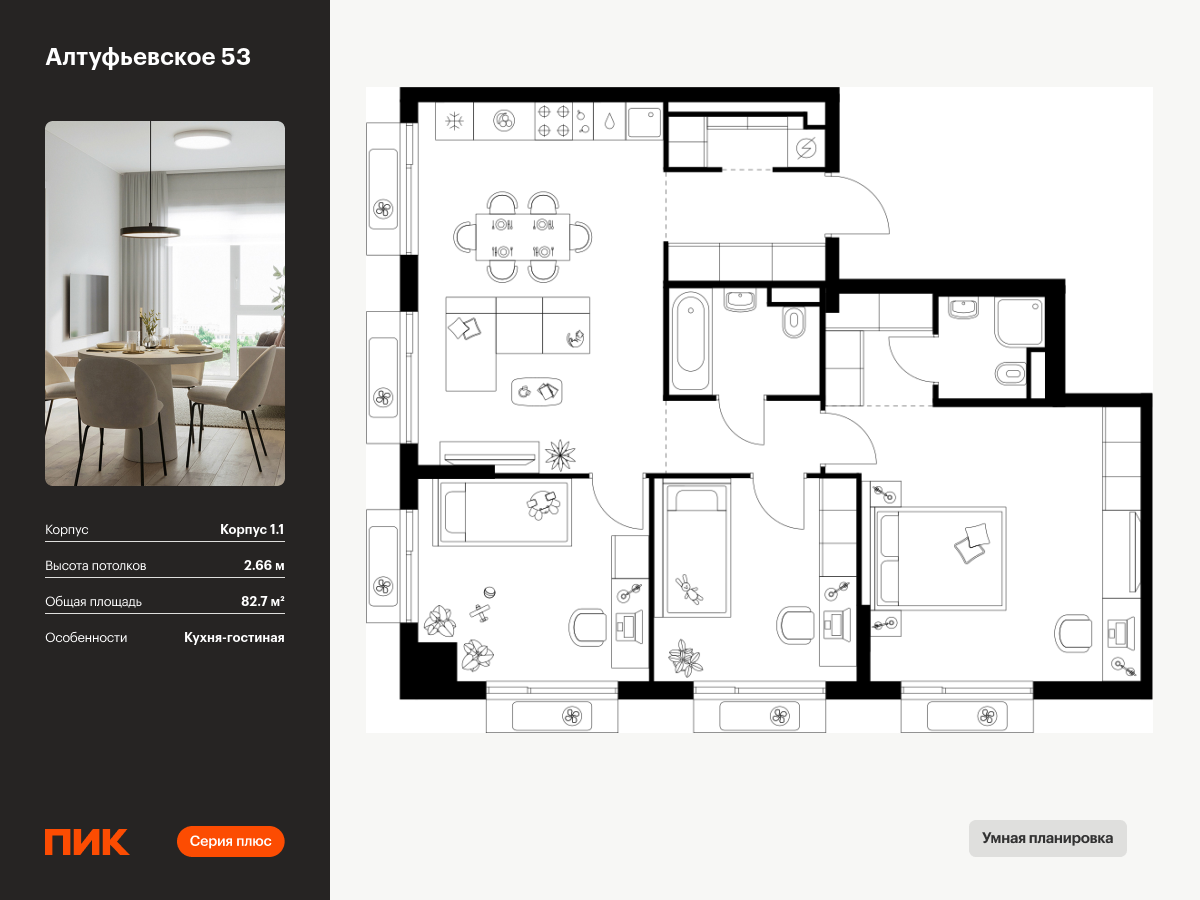 3 комн. квартира, 82.7 м², 20 этаж  (из 22)