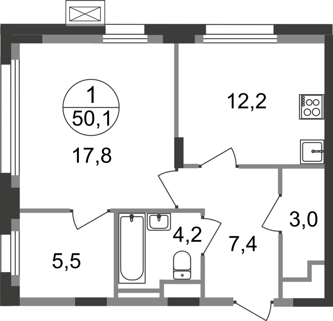 1 комн. квартира, 50.1 м², 2 этаж  (из 9)