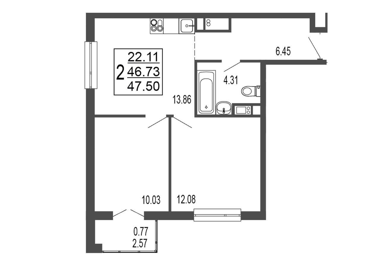 2 комн. квартира, 48.6 м², 17 этаж 