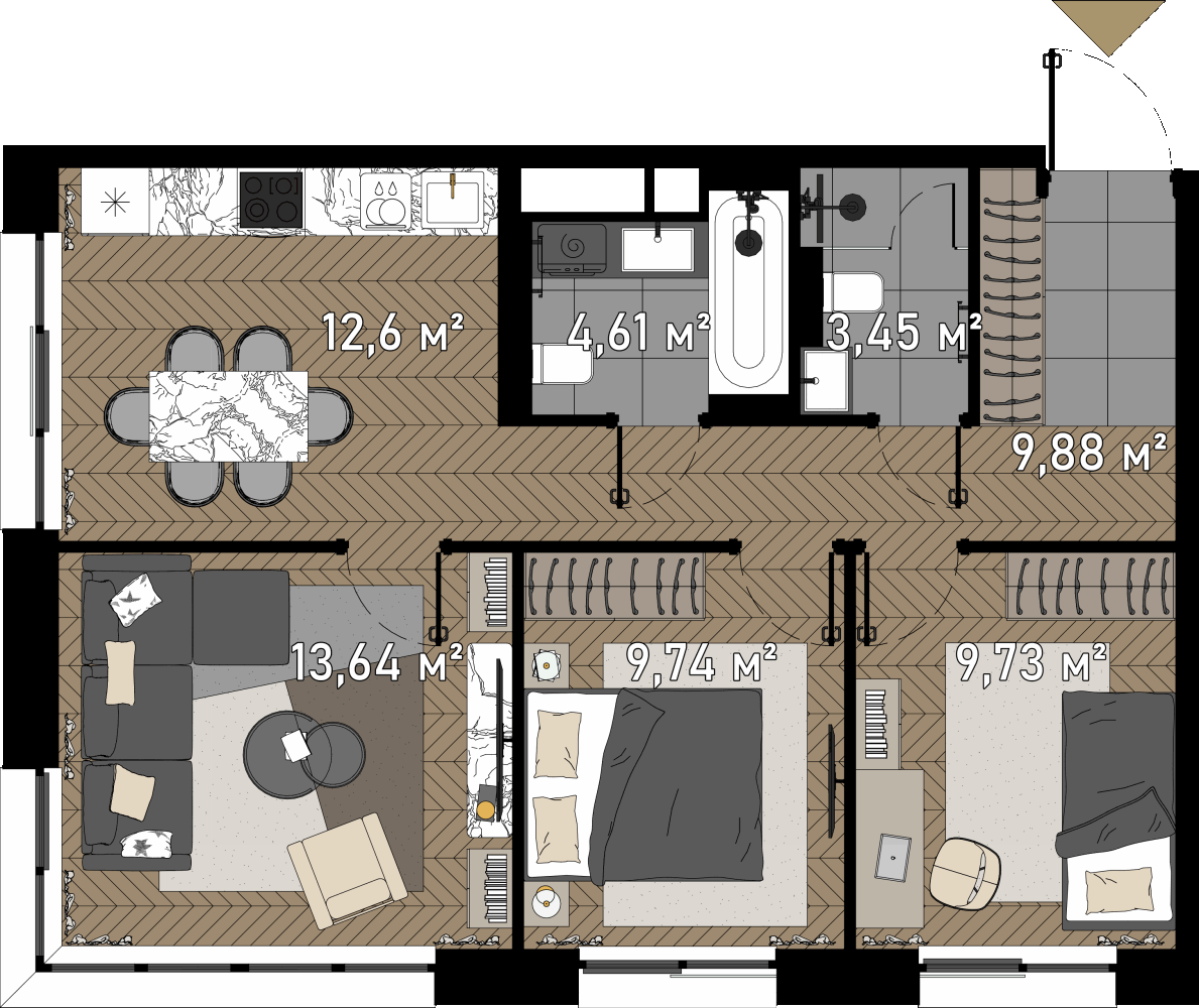 3 комн. квартира, 63.5 м², 1 этаж  (из 23)