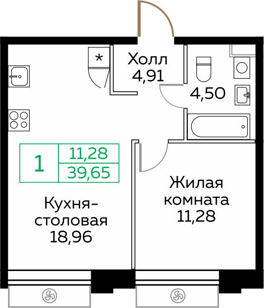 1 комн. квартира, 39.8 м², 25 этаж 