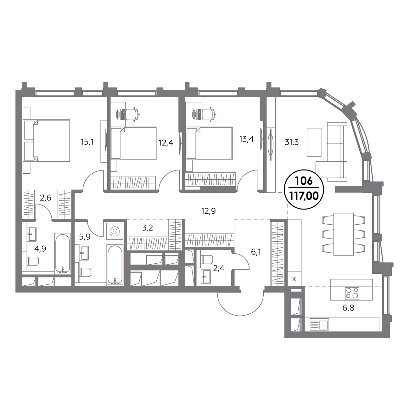 3 комн. квартира, 117 м², 18 этаж 
