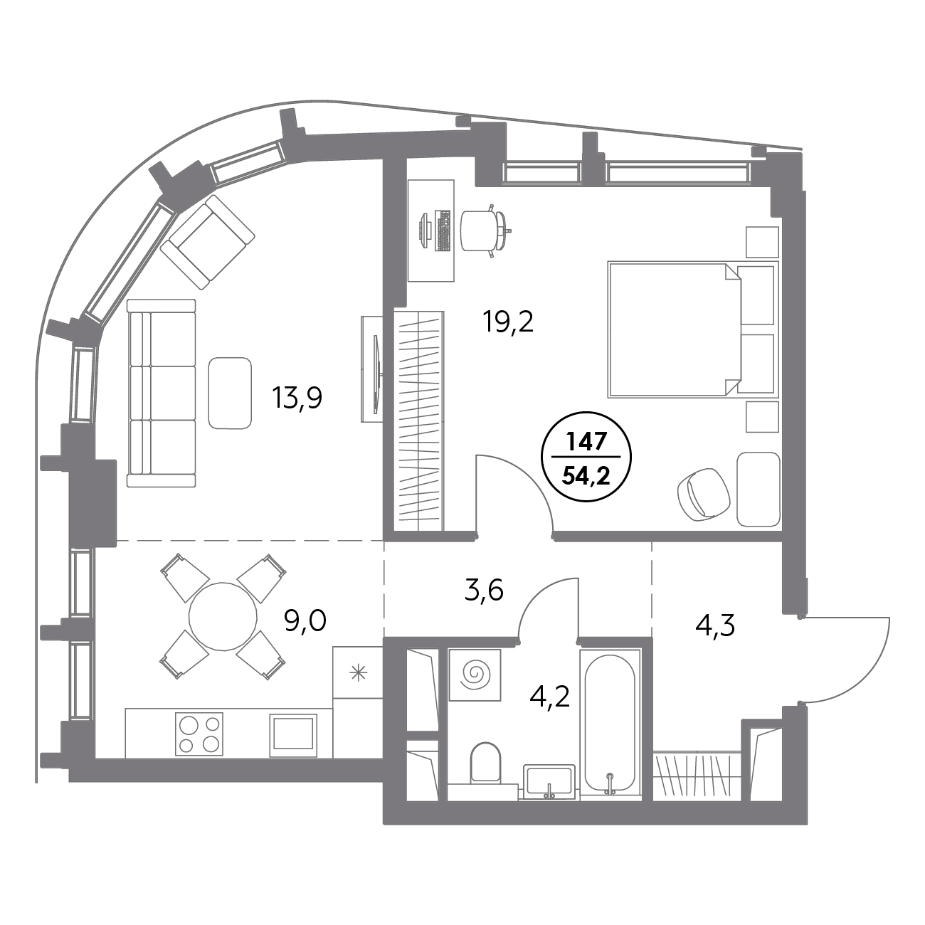 1 комн. квартира, 54.2 м², 4 этаж 