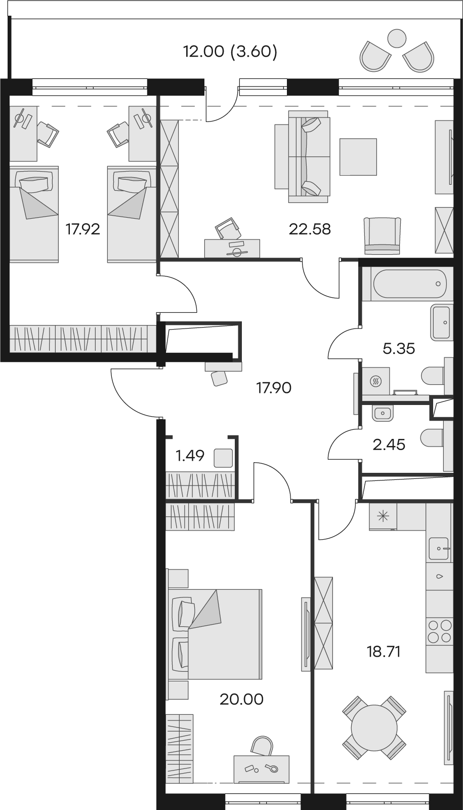 2 комн. квартира, 111.2 м², 14 этаж 
