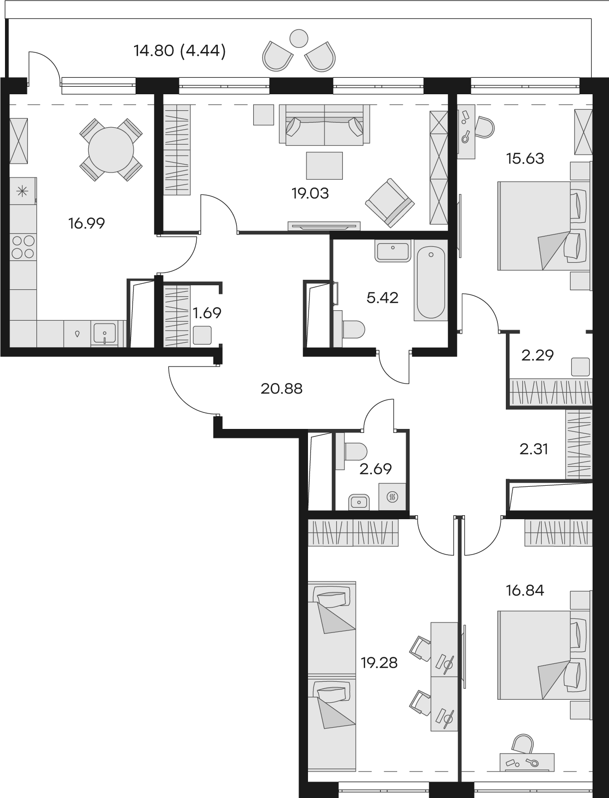 3 комн. квартира, 128.8 м², 14 этаж 