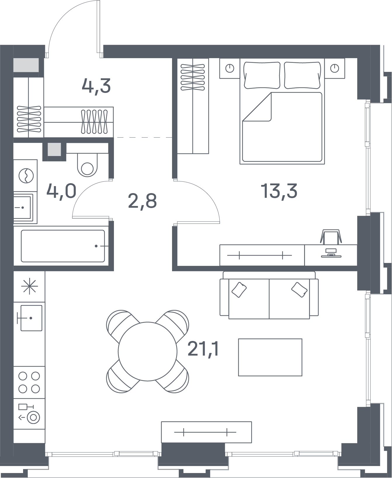 1 комн. квартира, 45.5 м², 8 этаж 