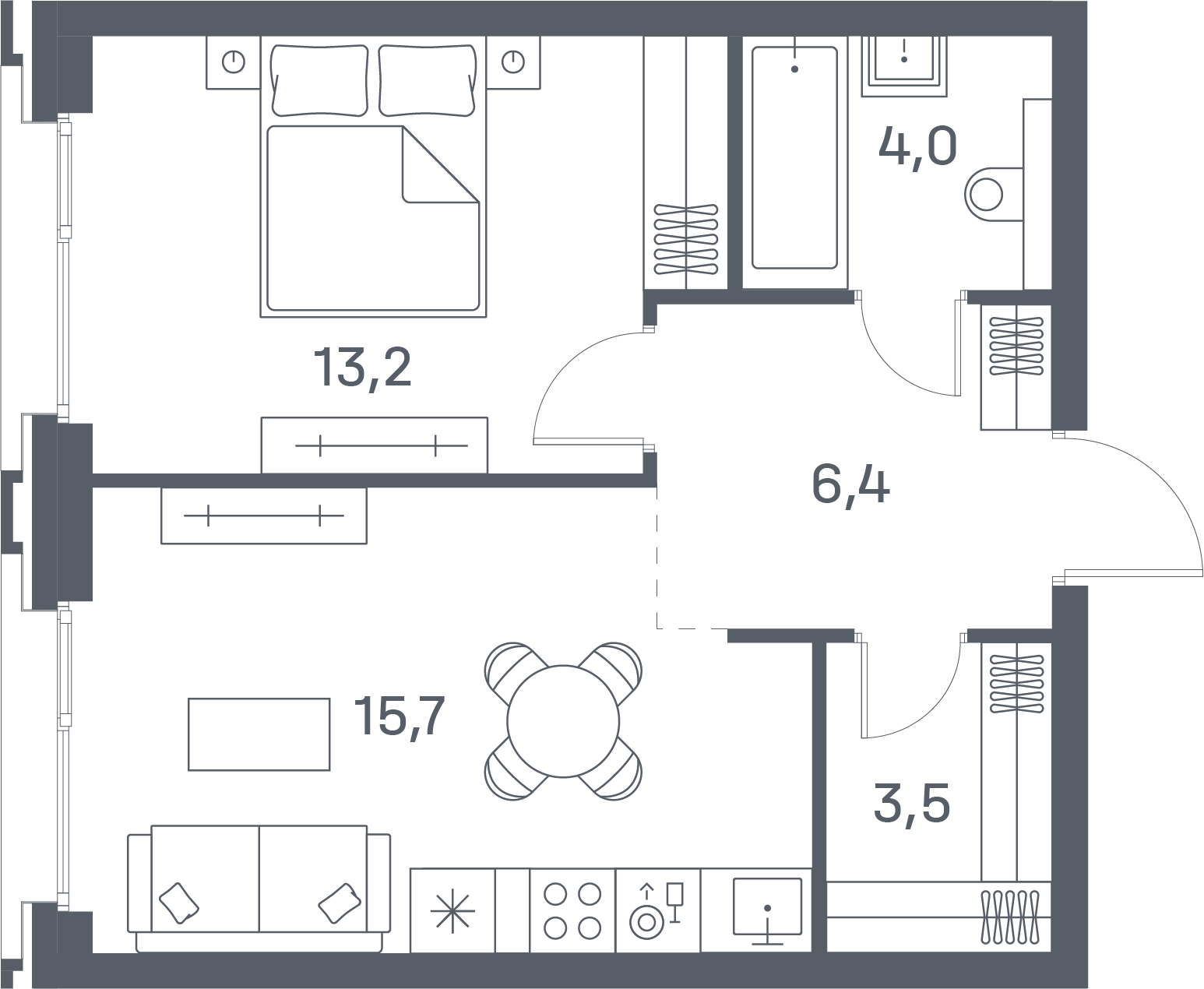1 комн. квартира, 42.8 м², 16 этаж 