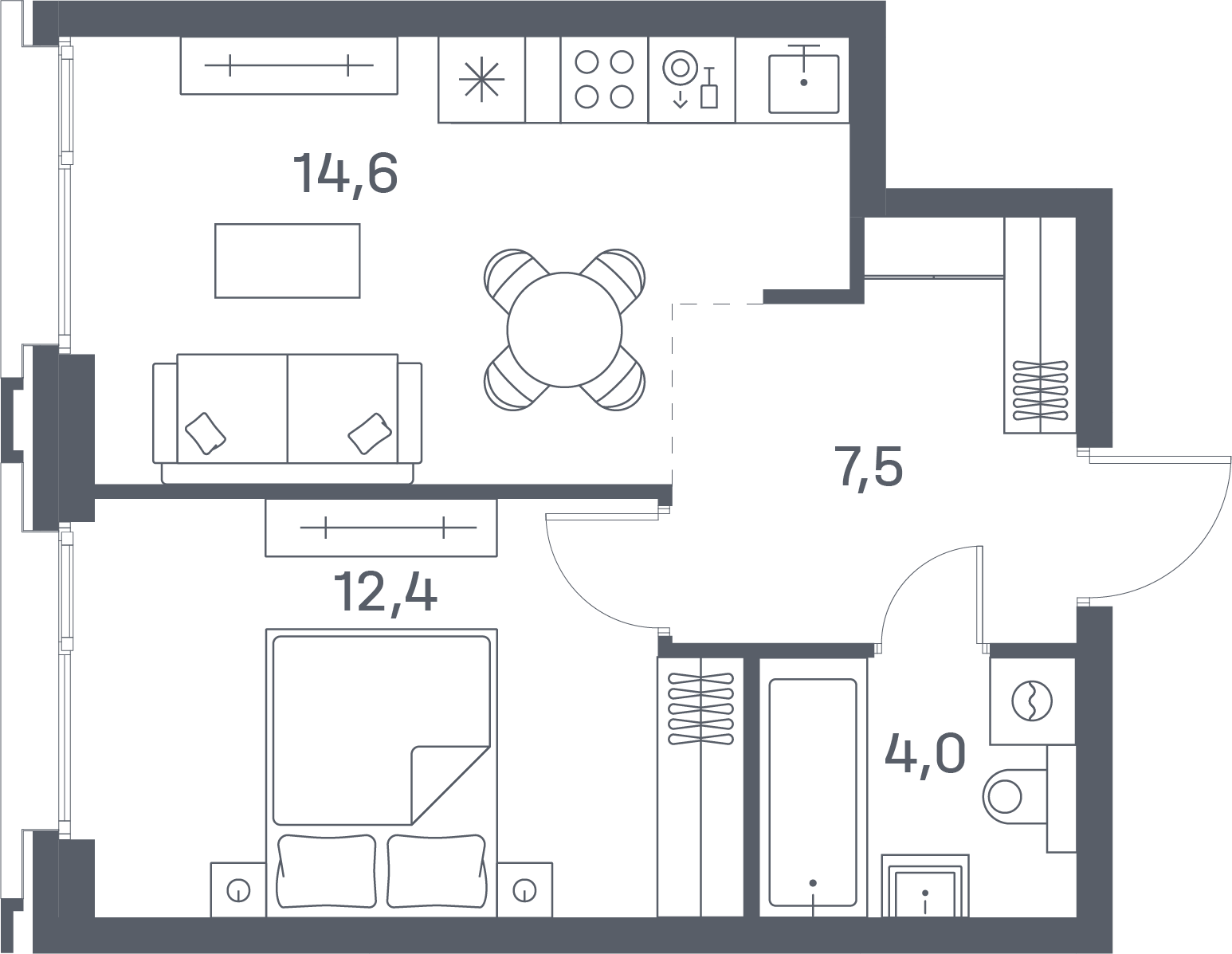 1 комн. квартира, 38.5 м², 16 этаж 