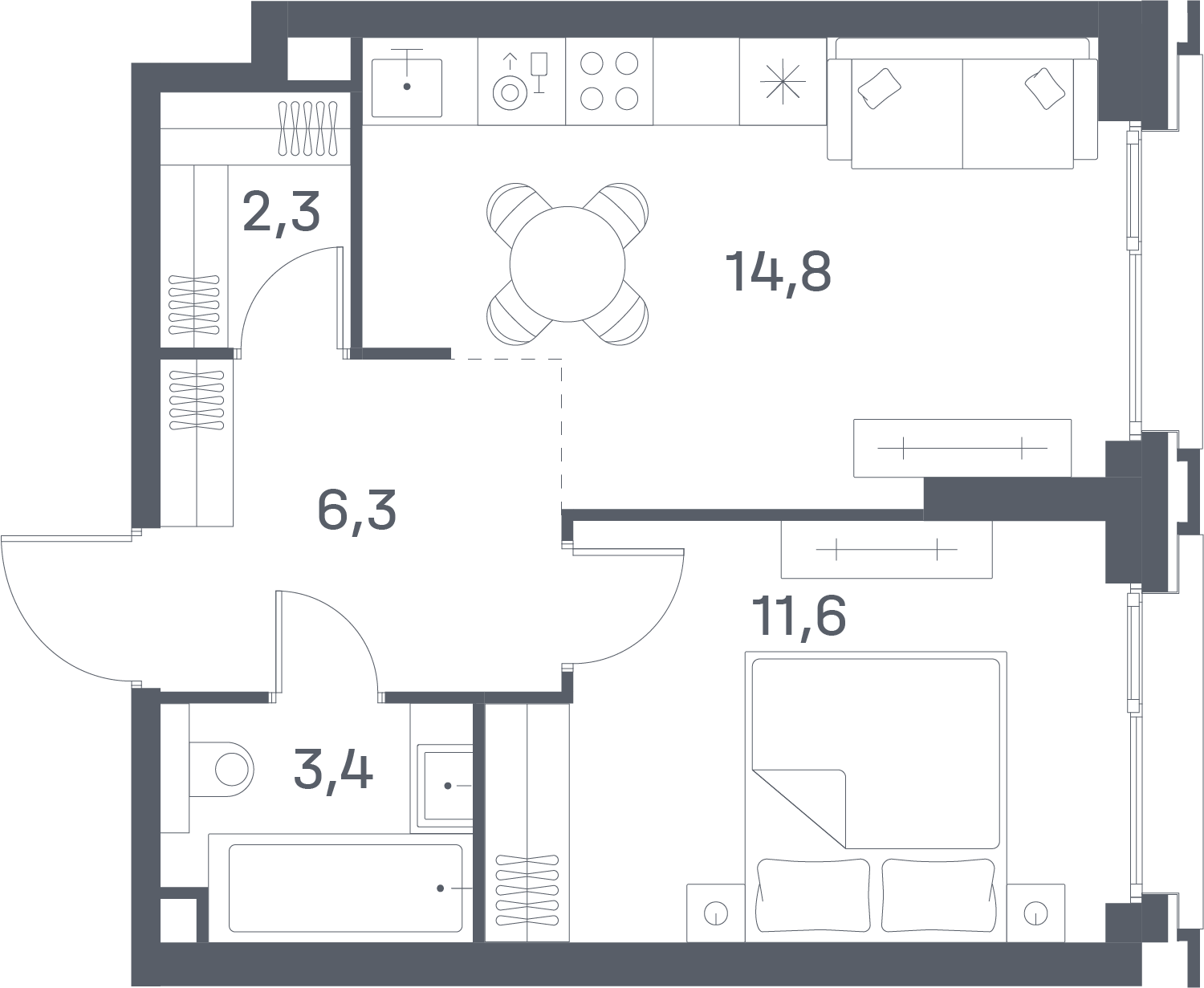 1 комн. квартира, 38.4 м², 7 этаж 