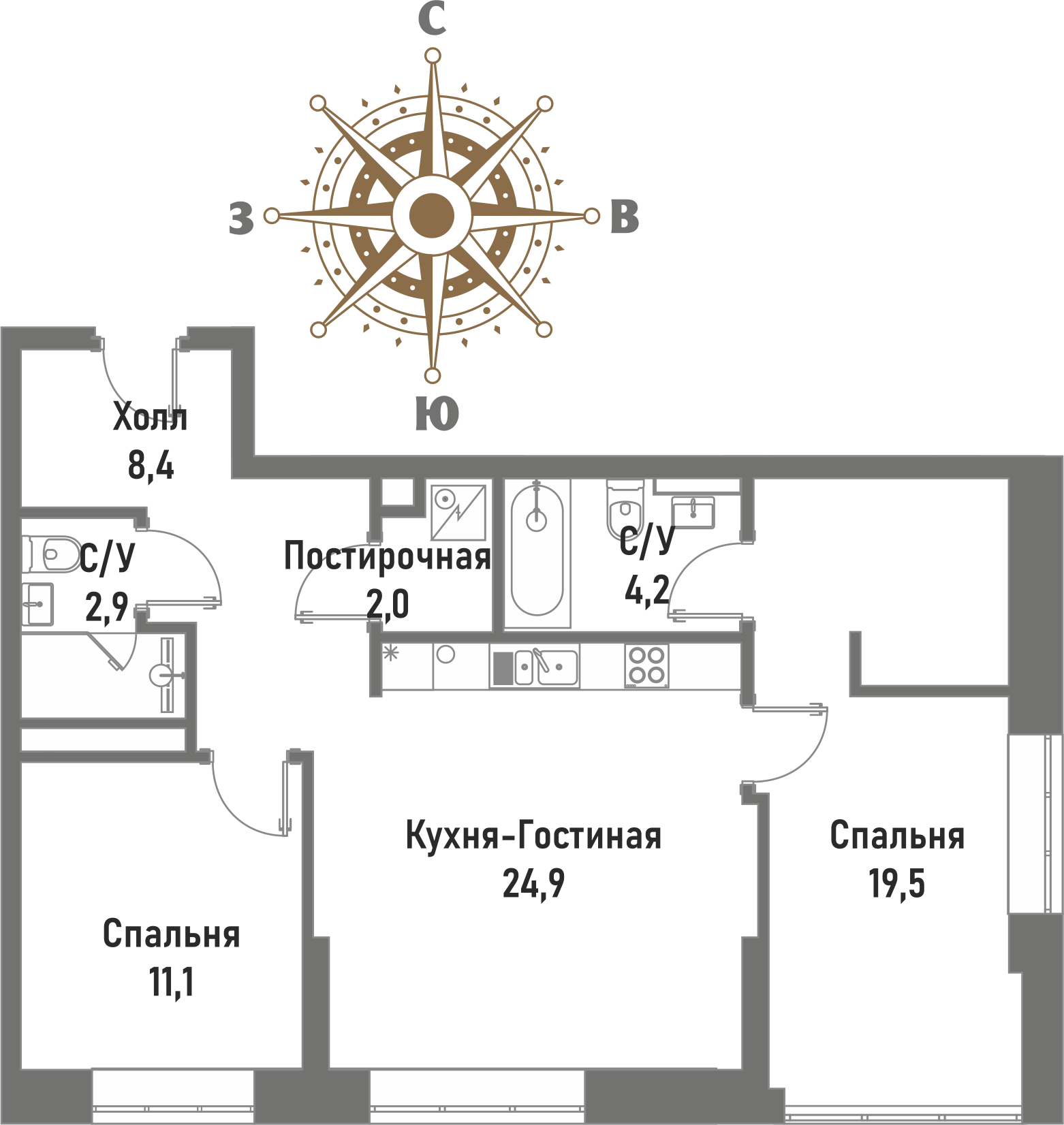 3 комн. квартира, 72.9 м², 6 этаж 