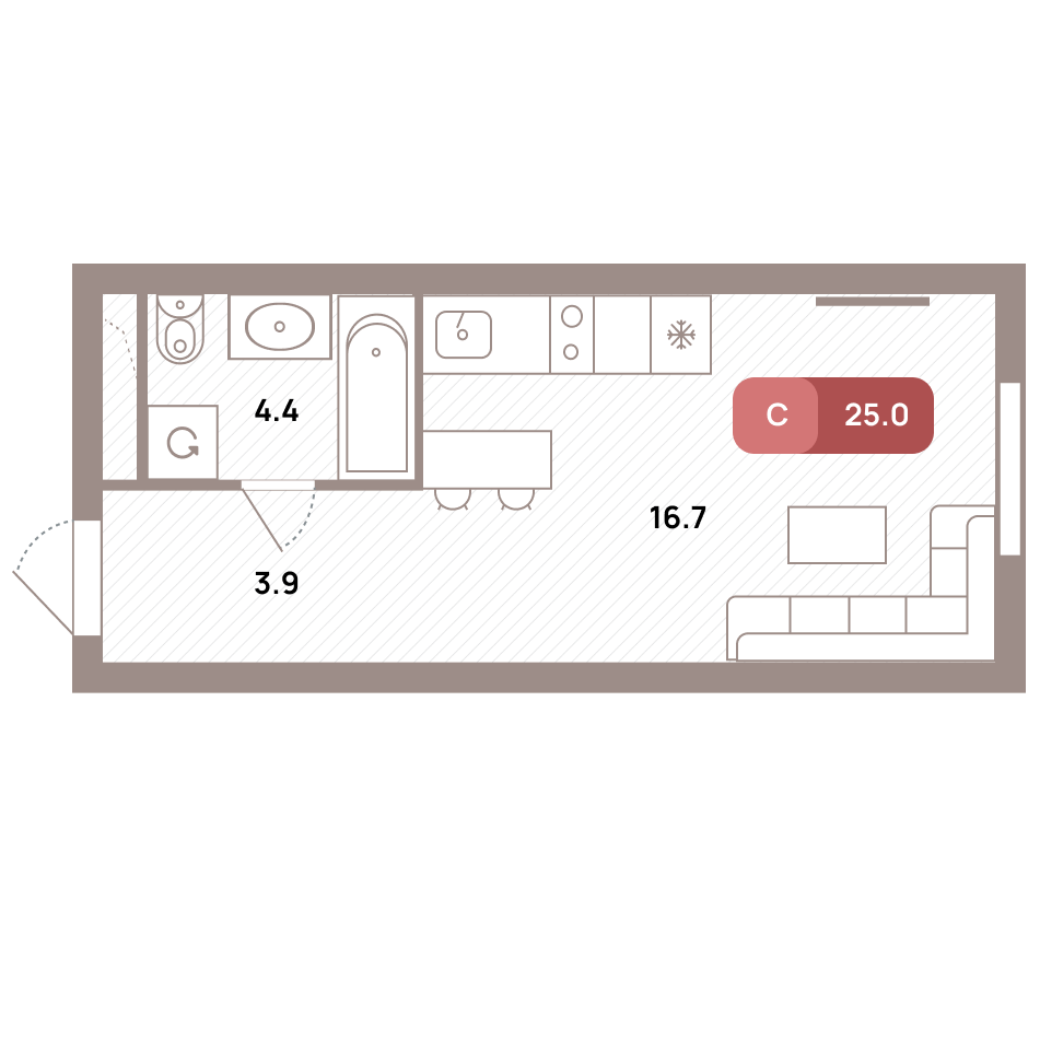 студия, 25 м², 16 этаж 