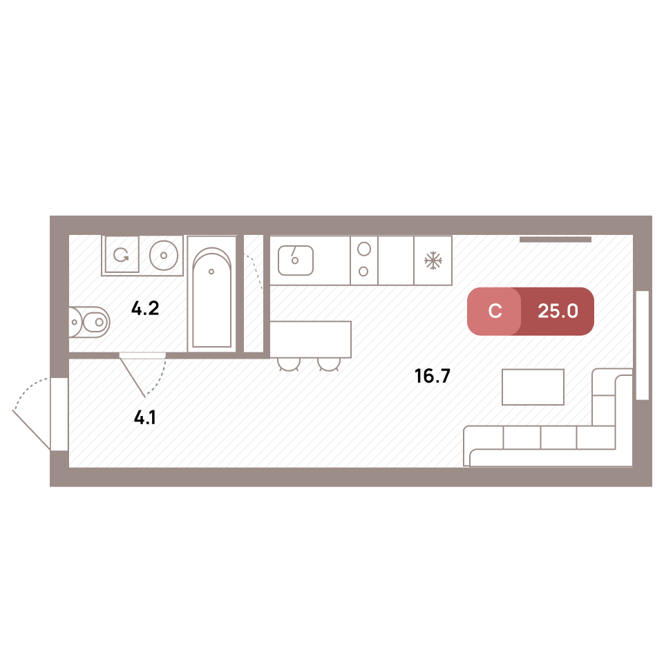 студия, 25 м², 23 этаж 