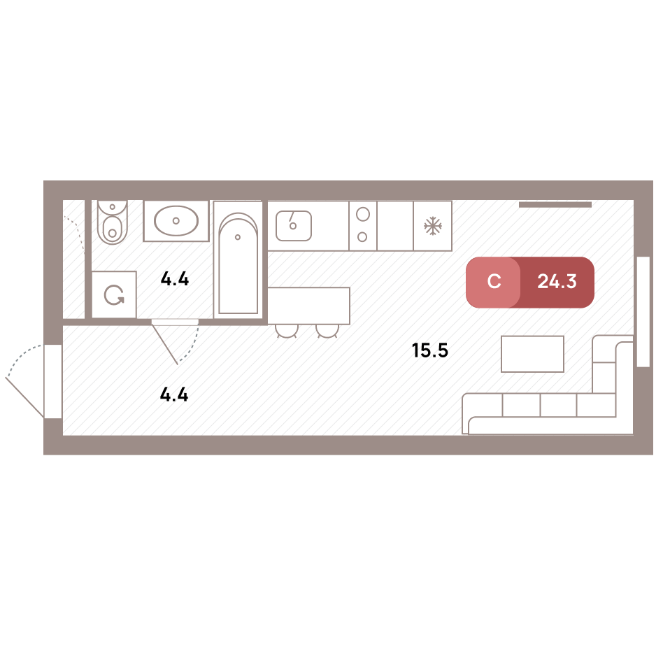 студия, 24.3 м², 27 этаж 