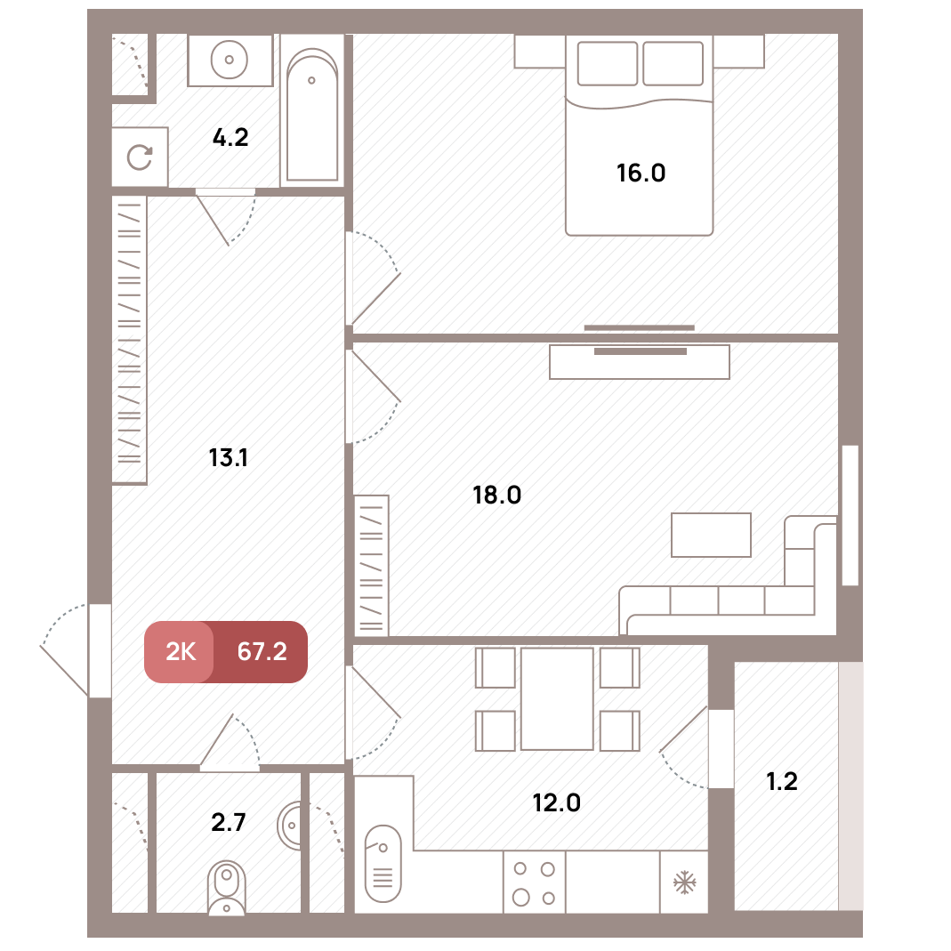 2 комн. квартира, 67.2 м², 27 этаж 