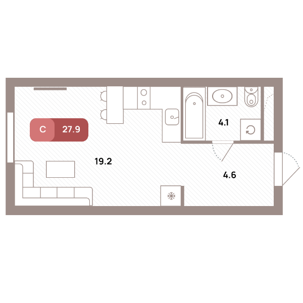 студия, 27.9 м², 19 этаж 