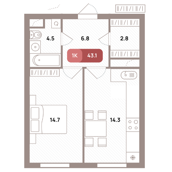 1 комн. квартира, 43.1 м², 19 этаж 