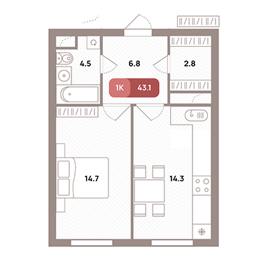 1 комн. квартира, 43.1 м², 25 этаж 