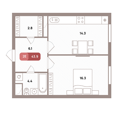 2 комн. квартира, 43.9 м², 25 этаж 