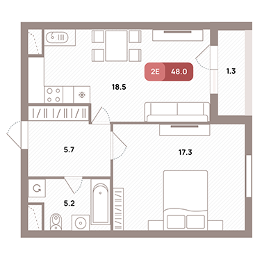 2 комн. квартира, 48 м², 25 этаж 