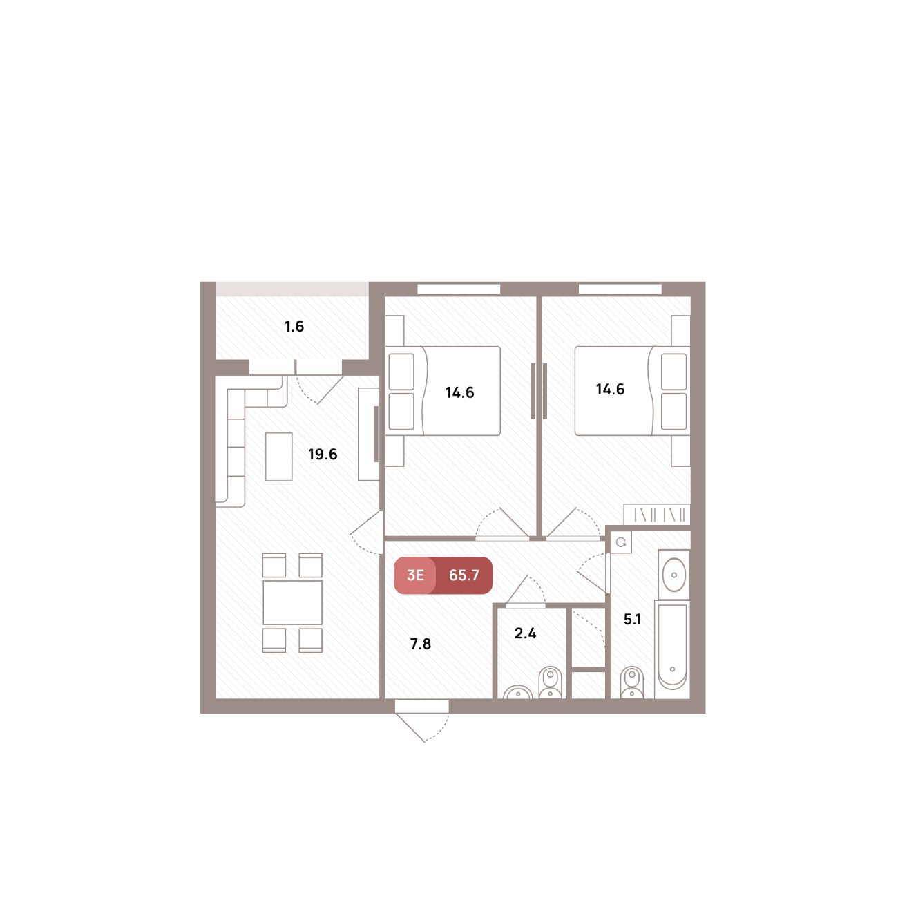 3 комн. квартира, 65.7 м², 32 этаж 