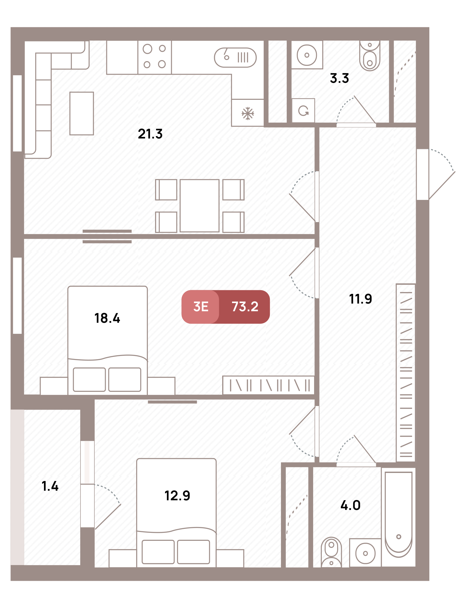 3 комн. квартира, 73.2 м², 32 этаж 