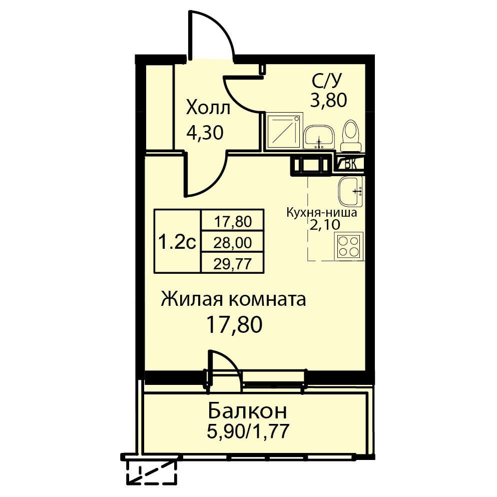1 комн. квартира, 29.8 м², 2 этаж 
