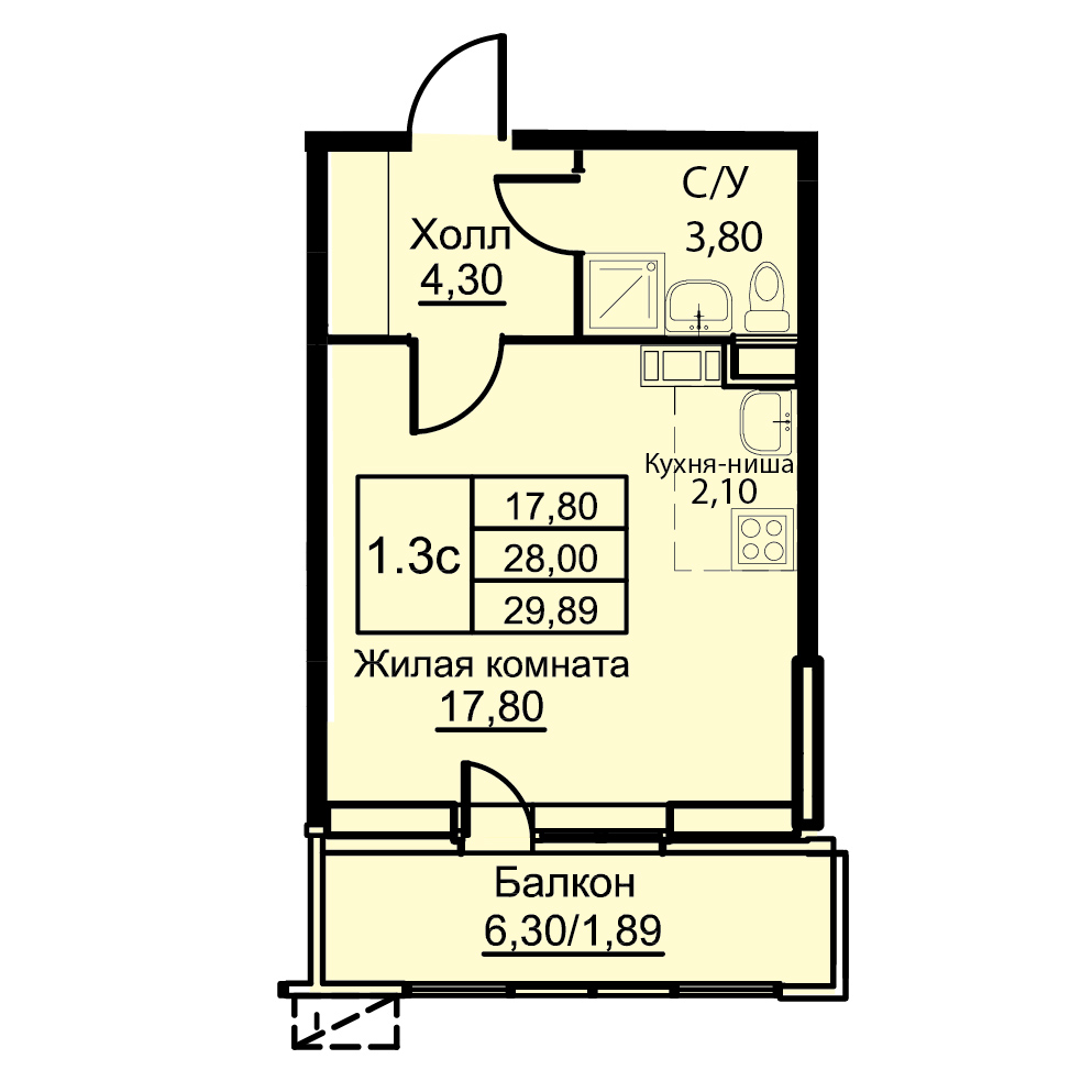 1 комн. квартира, 29.9 м², 3 этаж 