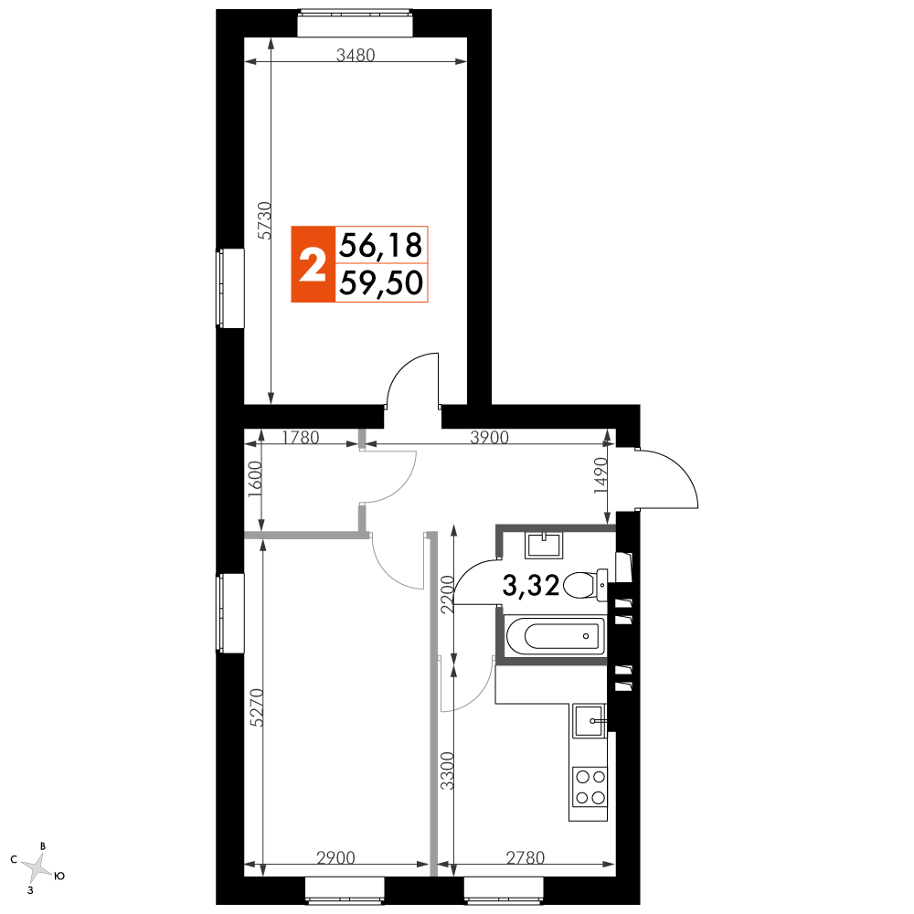 2 комн. квартира, 59.5 м², 2 этаж 